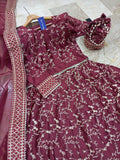 Elegant Maroon Embroidered Lehenga Set | 4 Pcs of Luxury in Katan Silk