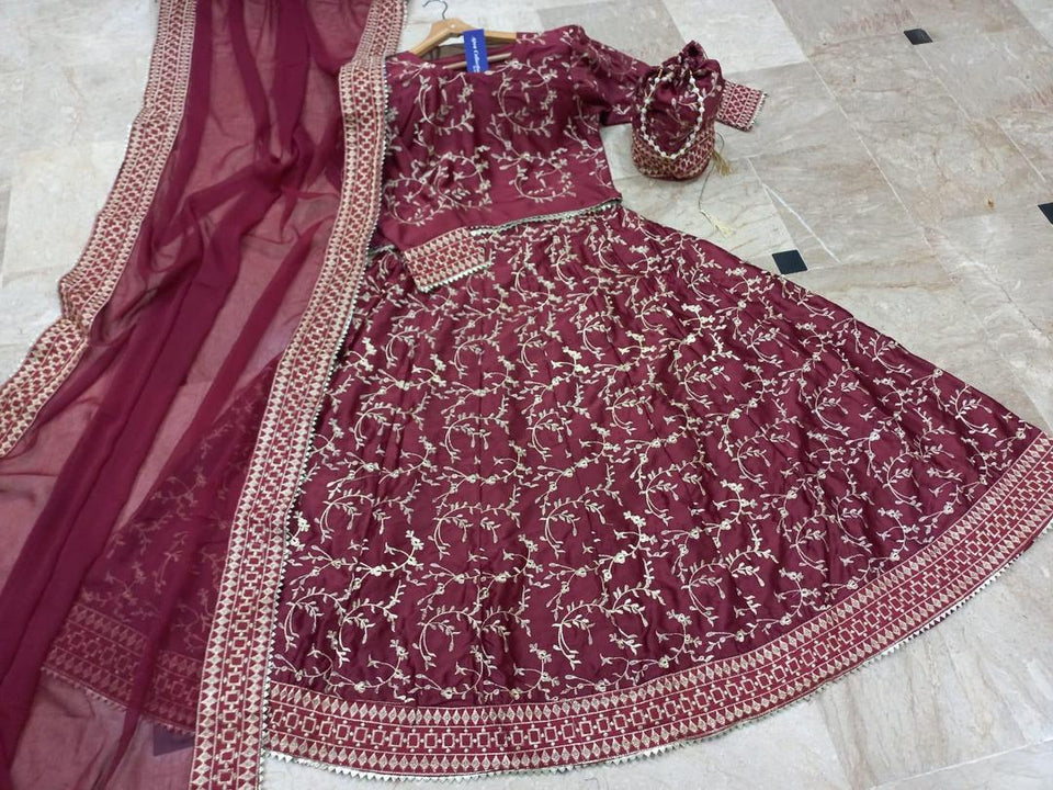 Elegant Maroon Embroidered Lehenga Set | 4 Pcs of Luxury in Katan Silk